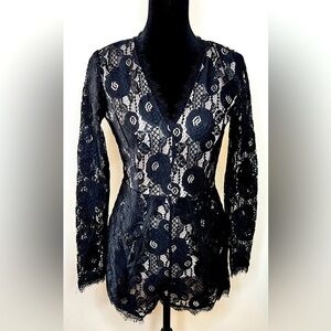 Francesca’s long sleeve cute chic sexy club black lace dressy romper lined XS EC
